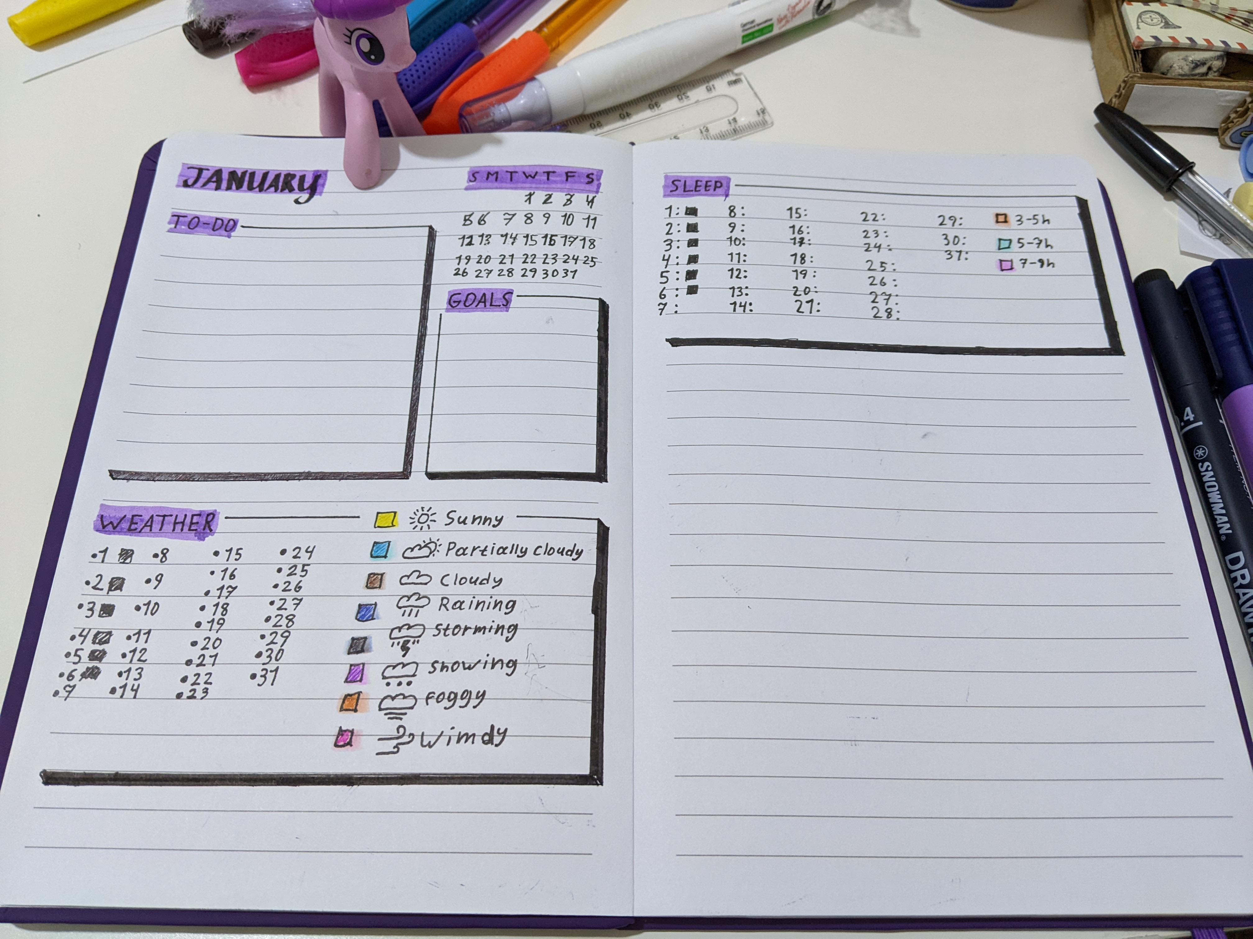 Two pages visible, on first there’s month title, mini monthly calendar, to-do and goals fields, weather tracking thingy (which is a calendar with some space for colored squares which represent some specific weather condition), and on the second there’s sleep tracker, which is the same as weather tracker but instead of weather conditions it represents amount of sleep. Some pens and such is visible in the background.
